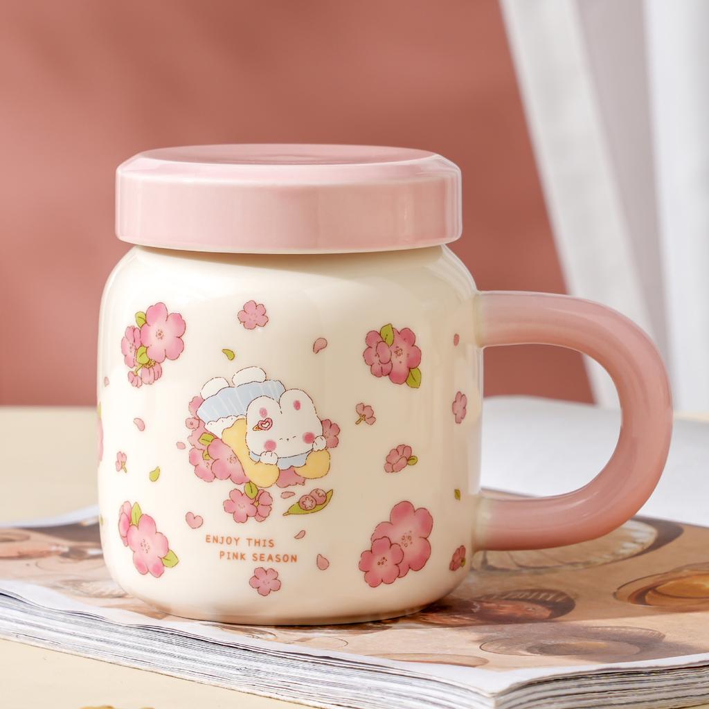 Cherry Blossom Rabbit Ceramic Cup with Lid Little Girl High Value Large Capacity Set Household Mug Ins Wind Cup