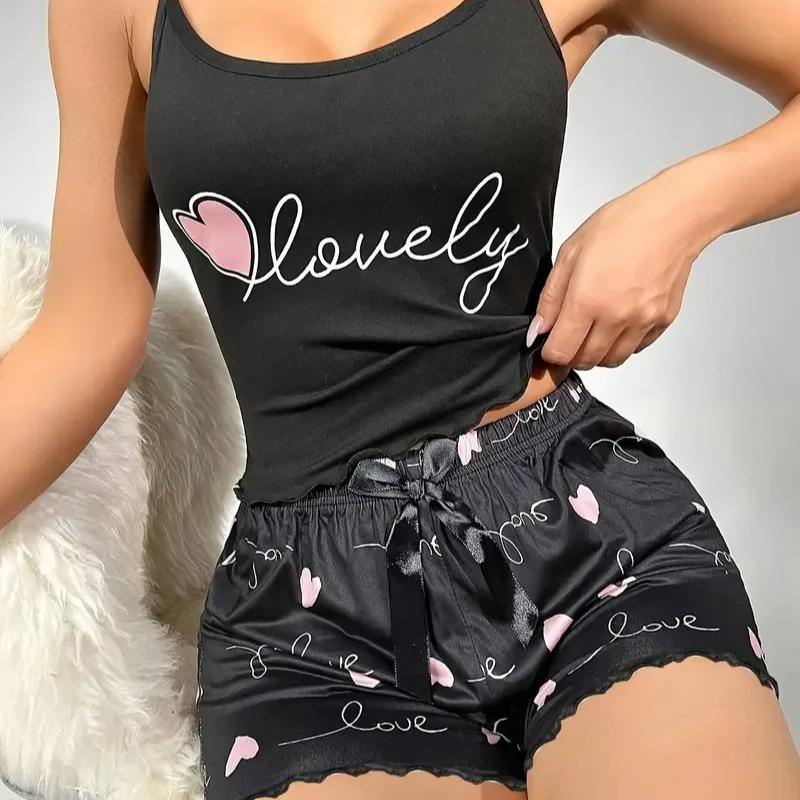 

Женский пижамный комплект из молочного шелка с принтом, топ-майка и шорты, двухпредметный, летний, удобный, домашняя одежда, сексуальный наряд для отдыха XL