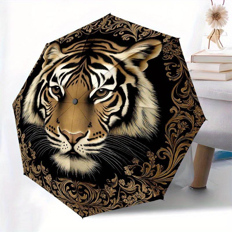 Golden Tiger Portrait Decorative Plate Umbrella, Cute Umbrella with Cute Design, Portable 3-Fold Compact Umbrella for Men & Women, Valentine's Day Mot