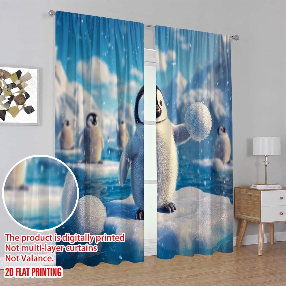 2pcs,2D Plane Printing Curtains Roller Blinds A Penguin Stands On an Iceberg Polyester Fabric (without Rod) Outdoor Decorations