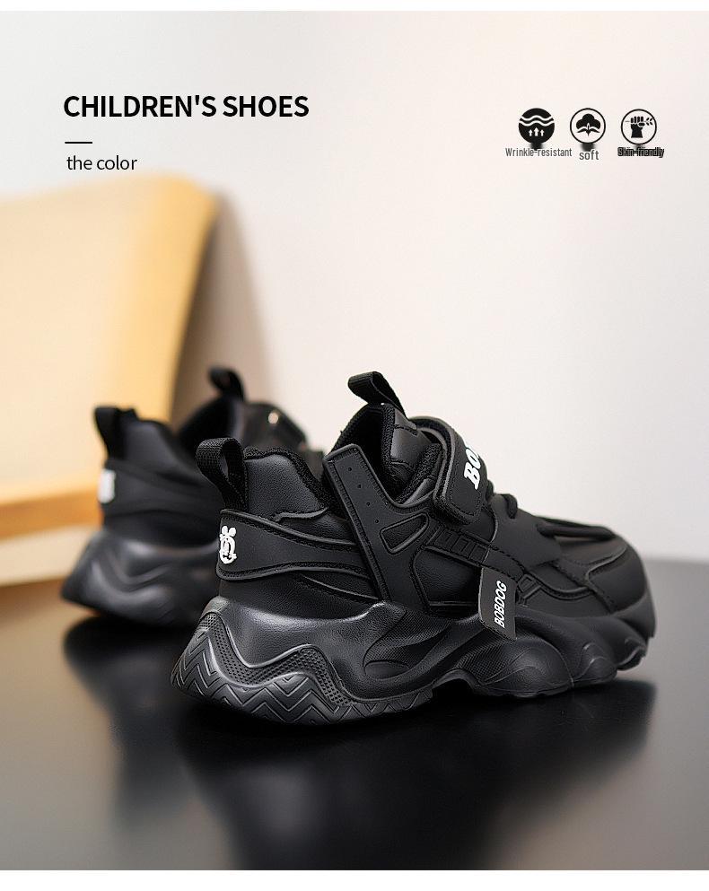 Bobodou Boys' Black Waterproof Leather Sports Shoes - 2025 Autumn Collection