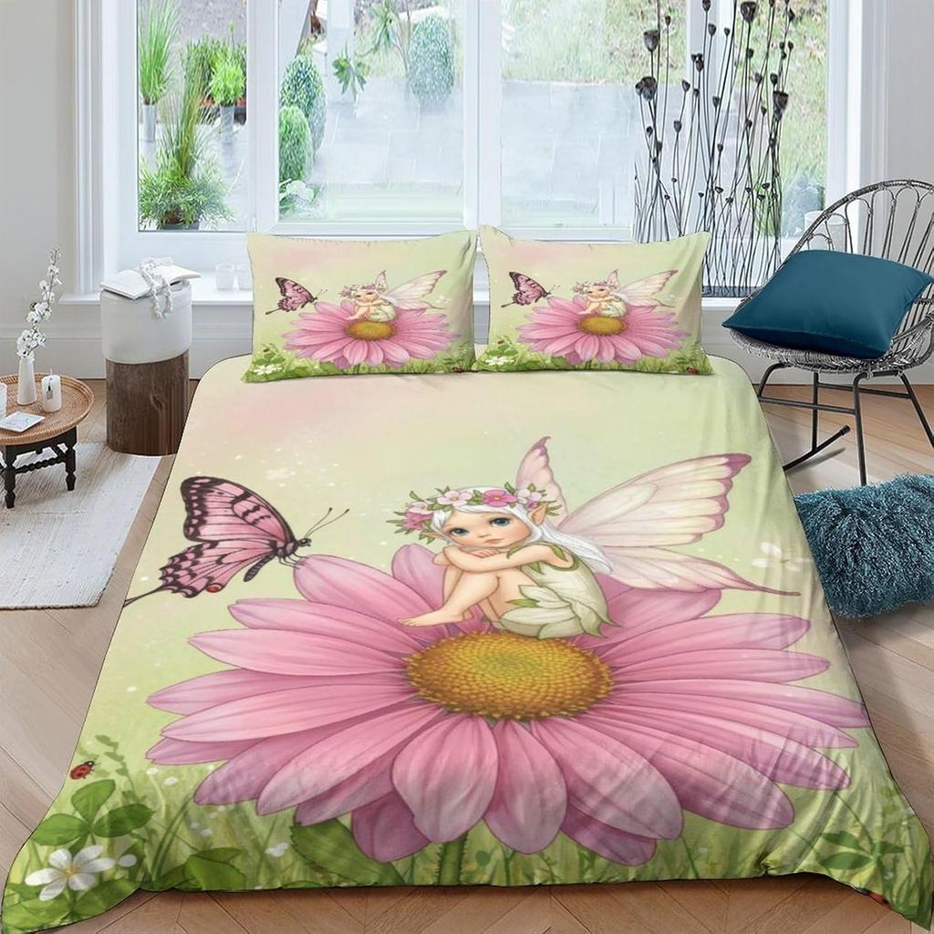 Girls Butterfly Print Bedding Set Forchildren Teenagers Women, Pink Flower Fairy Duvet Cover Set Flower Branches Room Decor