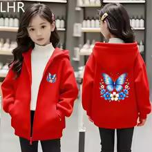 Butterfly Flower Girl Pink Hoodie Zip Up Cardigan Tops Black Hoodies 3-12 Year Zipper Style Children Red Autumn Coat