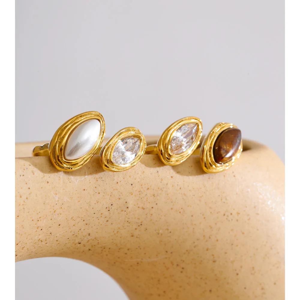 Yhpup Adjustable Stainless Steel Ring Natural Tiger Stone Simulated Pearls Zircon Golden PVD Plated Premium Chic Finger Jewelry