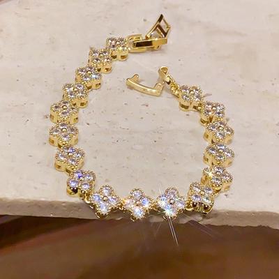 Náramek s květinou ze zirkonů, pozlacený 14K zlatem: Vintage, Vynikající, Luxusní módní šperky pro ženy.