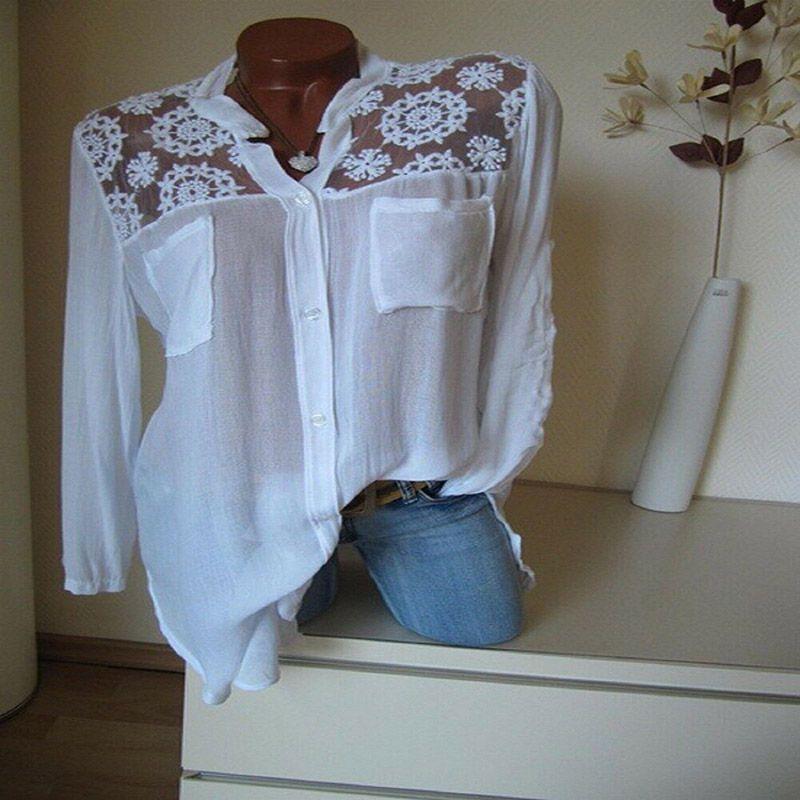 Elegant Plus Size Women V Neck Lace Splice Loose Summer Casual T-shirt Blouse