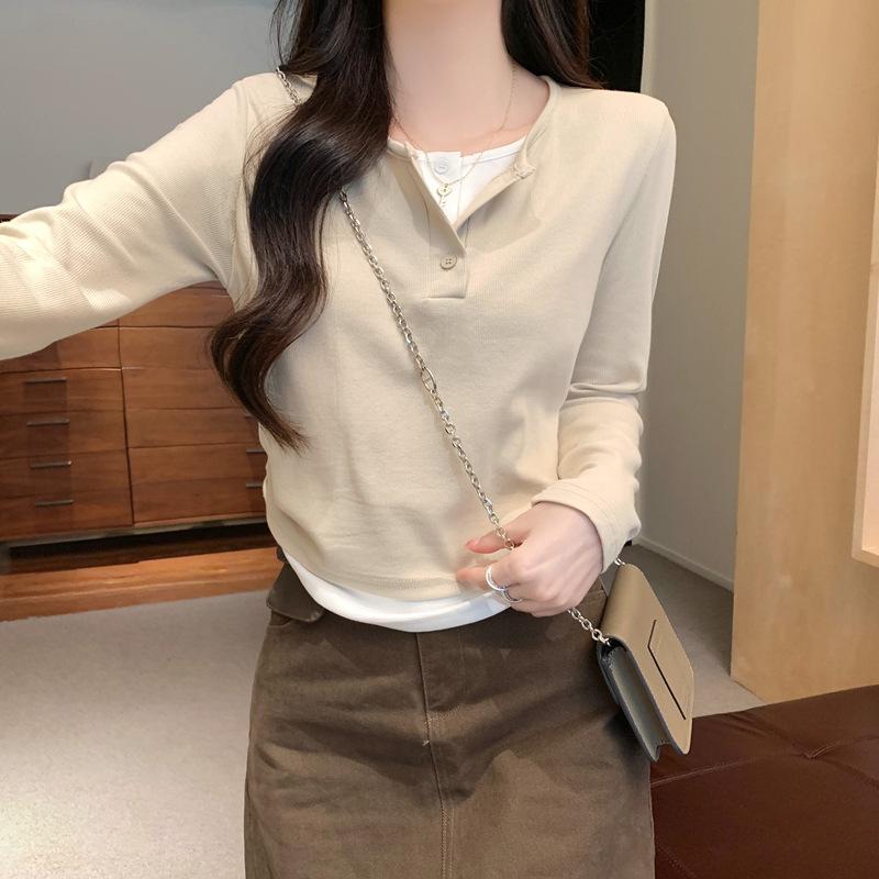 

Корейская поддельная женская футболка из двух частей с длинными рукавами на весну, новая короткая тонкая базовая рубашка, корейская универсальная футболка с верхом S