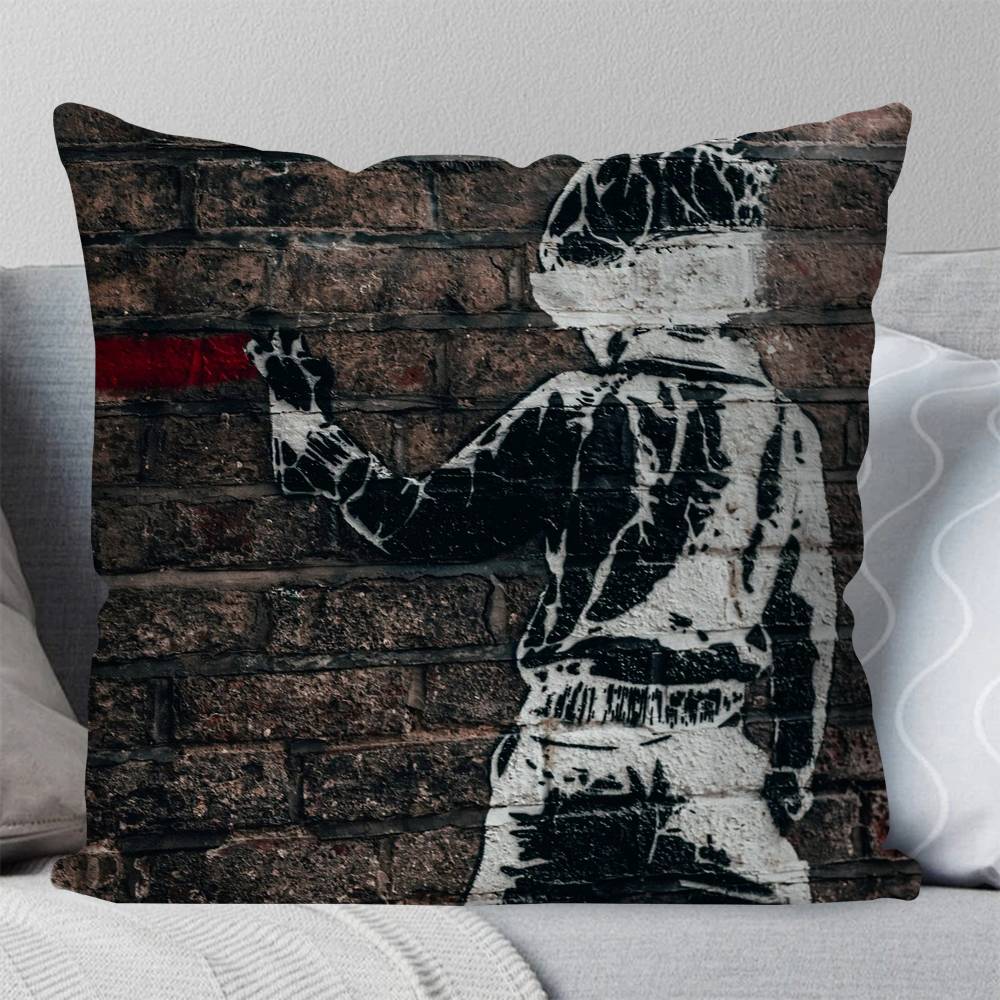 Federa Cuscino Banksy Graffiti Cuscino Quadrato Camera da Letto Divano Cuscino Comfort per il Tempo Libero Auto Soggiorno Decorazione per la Casa