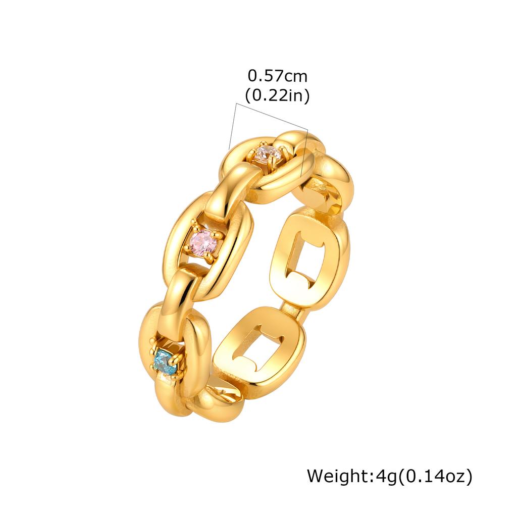 Delicate Colorful Cubic Zircon Ring for Women, Stainless Steel Thick Link Chain Ring, Gold Color Fashion Waterproof Jewelry Gift