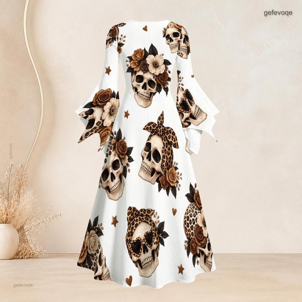 Women Plus Size Round Neck Bell Sleeve Leopard Sport Ball Print White Maxi Dress