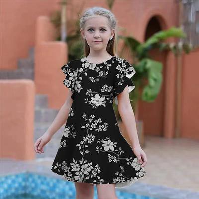 Girls Orange Flowers Print Dresses Kids Girl Party Dress Loose Fitting Loose Fitting Short Sleeved Skirt For Girls Over Four Years Old