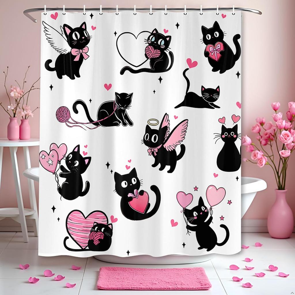 Valentine Cat Cute Hearts Shower Curtain, Romantic White Black Art Bathroom Decor with Hooks
