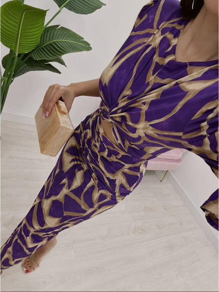 2025 European & American Print Round Neck Waist-Cinching Crop Top Dress