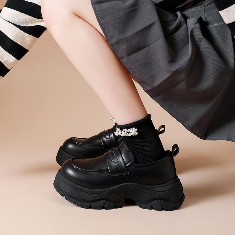Fashion CRLAYDK Fashion Women's Platform Mid Chunky Heel Loafers Classic Round Toe Slip On Office Uniform Leather Walking Shoes