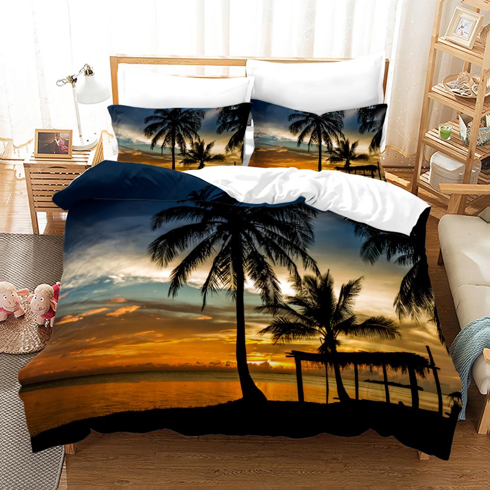 Tropical Landscape Polyester Duvet Cover Sets King Full With Pillowcase Coconut Trees Sea Sunset Natural View Large Sun Pattern