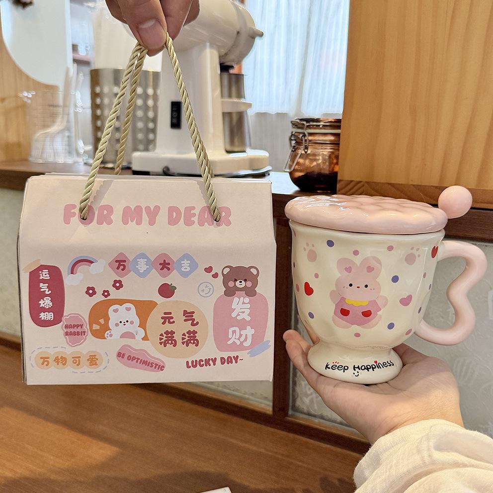 Mugg av hög kvalitet med lock och sked, söt kanin keramikmugg, par vattenkopp, praktisk födelsedagspresent till flickor