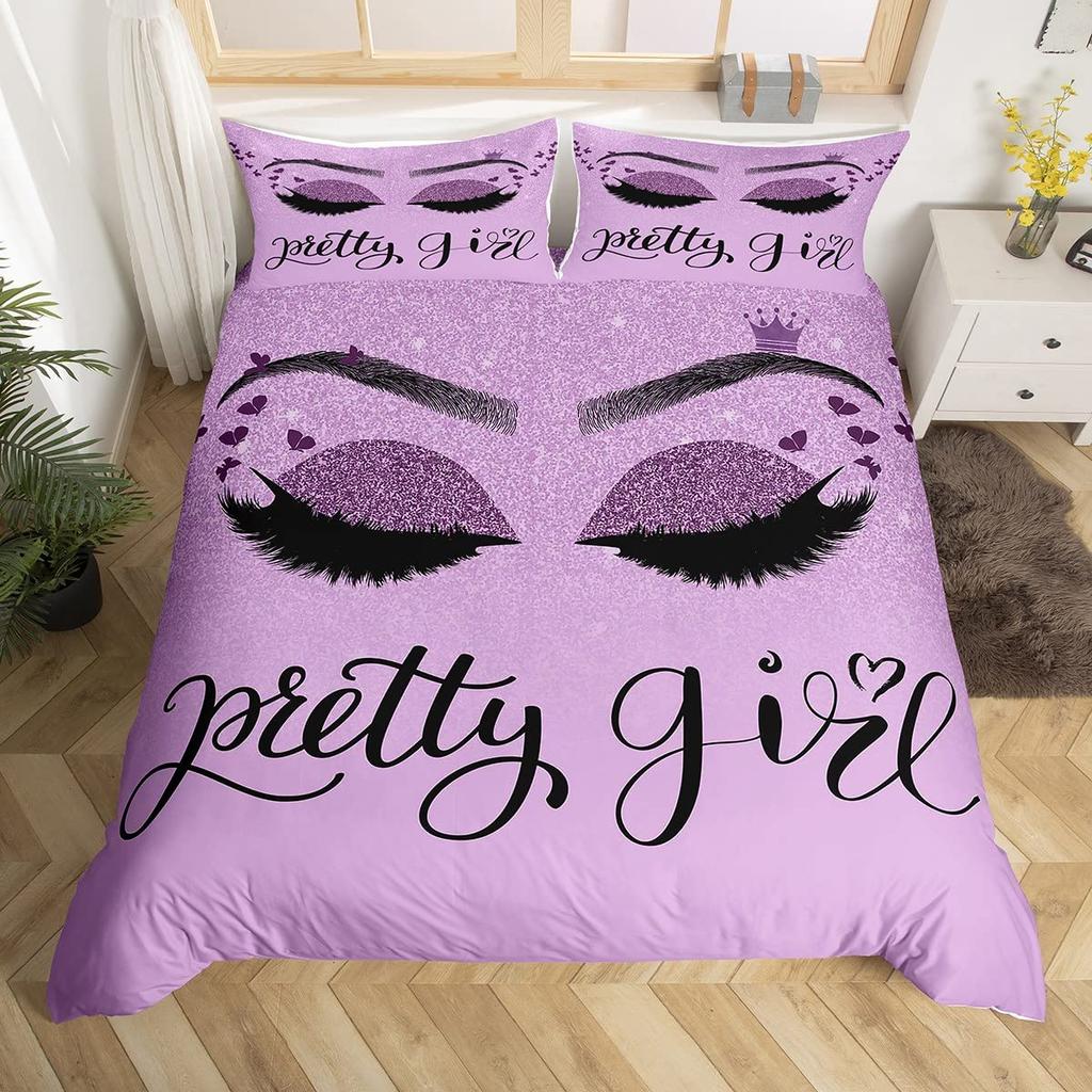 Girls Crown Eyelash Duvet Cover Twin Queen Size Gorgeous Glitter Diamond Princess Style Bedding Set Romantic Bowknot Quilt Cover