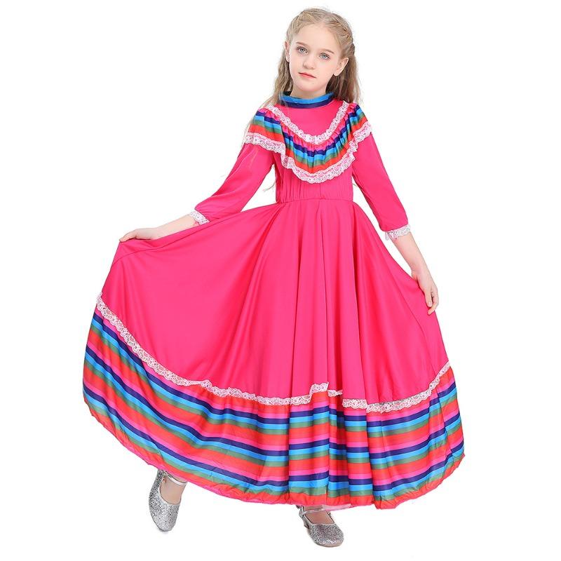 Traditional Mexican Long Dress for Girls Kids Folk Dance Party Performance Costume