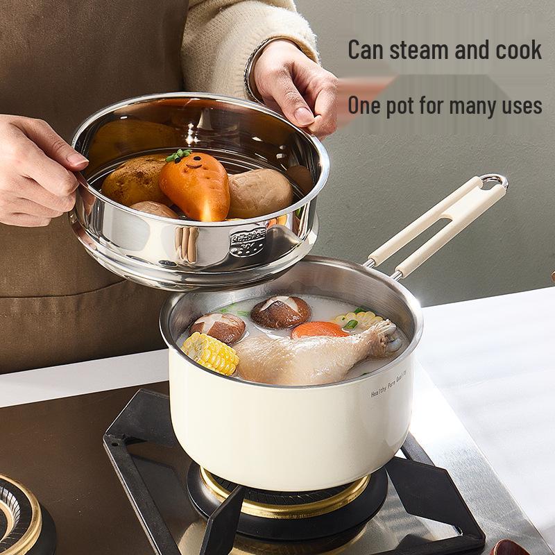Xunshun 316L Stainless Steel Non-Stick Baby Food Pot, Ceramic Milk & Noodle Soup Pot, Extra Thick for One-Person Cooking.