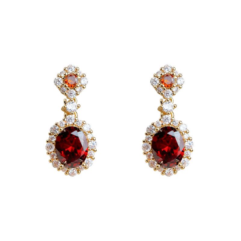 Vintage Zircon Red Court Style 925 Silver Earrings with 14K Gold Plating