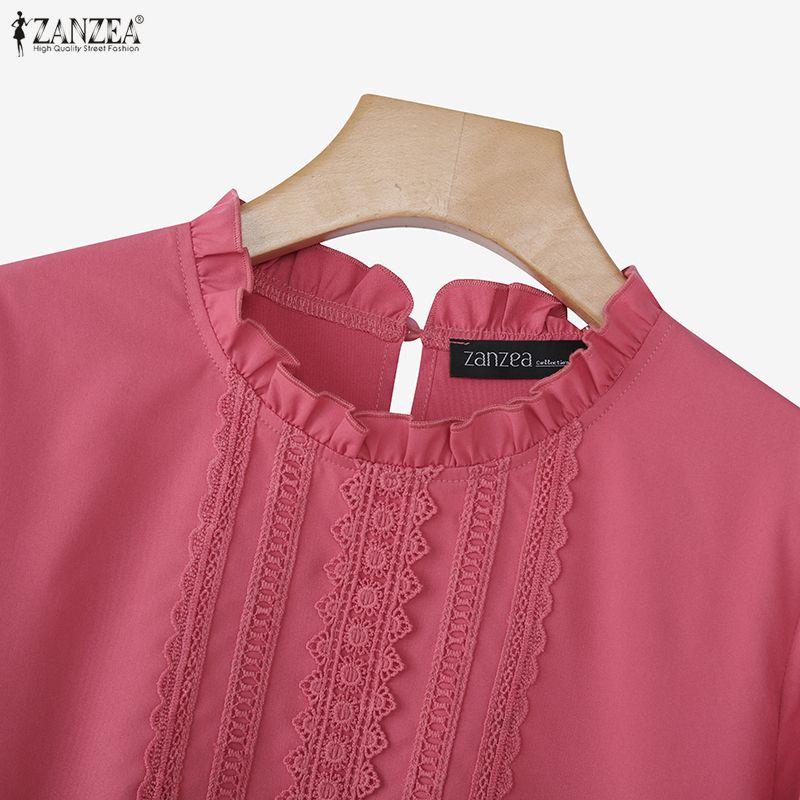 ZANZEA Women Casual Round Neck 3/4 Sleeve Loose Splice Lace Blouse