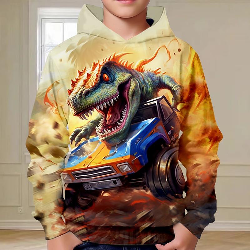 Boys Dinosaur Hoodie Pullover Long Sleeve Fall Winter Fashion Streetwear Cool Kids Outdoor Casual Daily Regular Fit