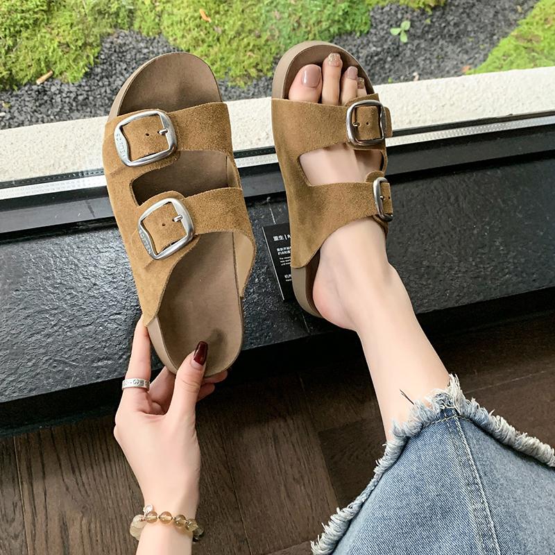 Fashion Cork Clogged Women's Slippers Summer Retro Comfortable Soft Flat Sandals Matte Platform Sandals Adjustable Button Beach Shoes