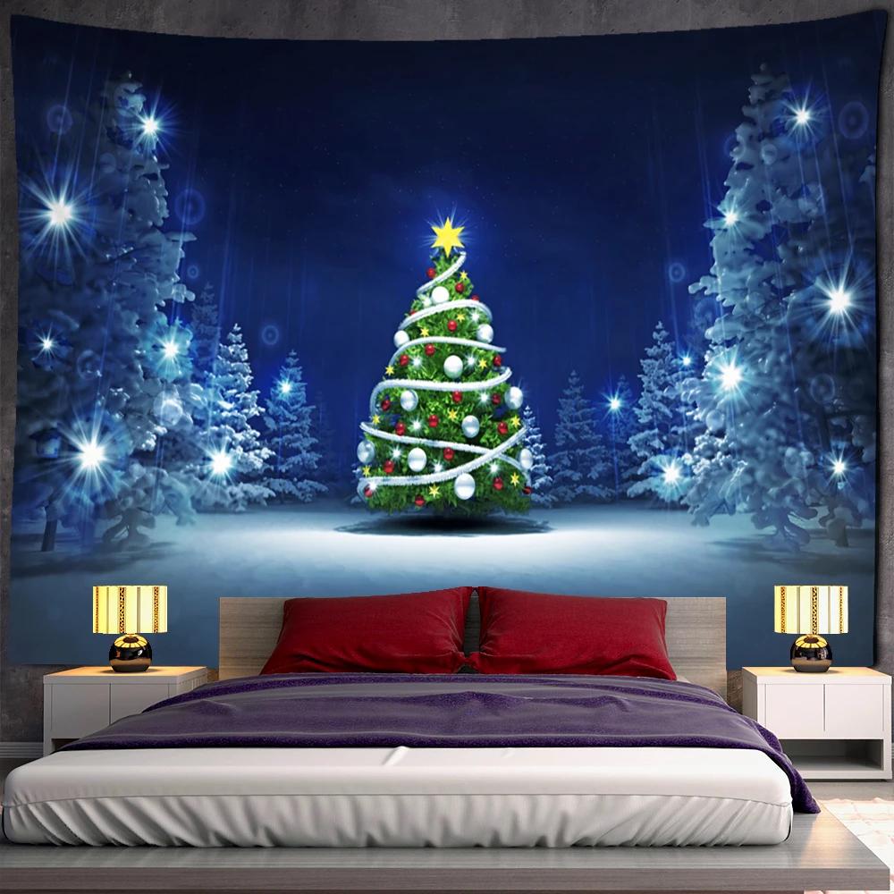 Night View Christmas Tree Tapestry Wall Hanging Holiday New Year Gift Dormitory Background Cloth Bed Curtain Home Decor