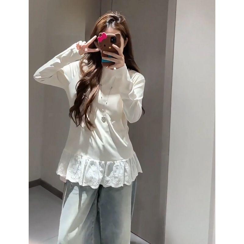 

Korean Style Layered Fleece Long-Sleeve T-Shirt with Lace Trim, Round Neck, Regular Shoulder, Loose Fit, Autumn/Winter. L