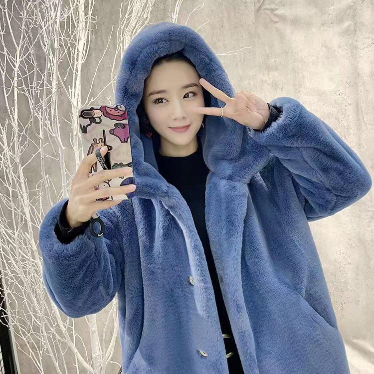Autumn and winter thickened imitation rabbit fur long hooded loose knee jacket women's plush coat imitation fur