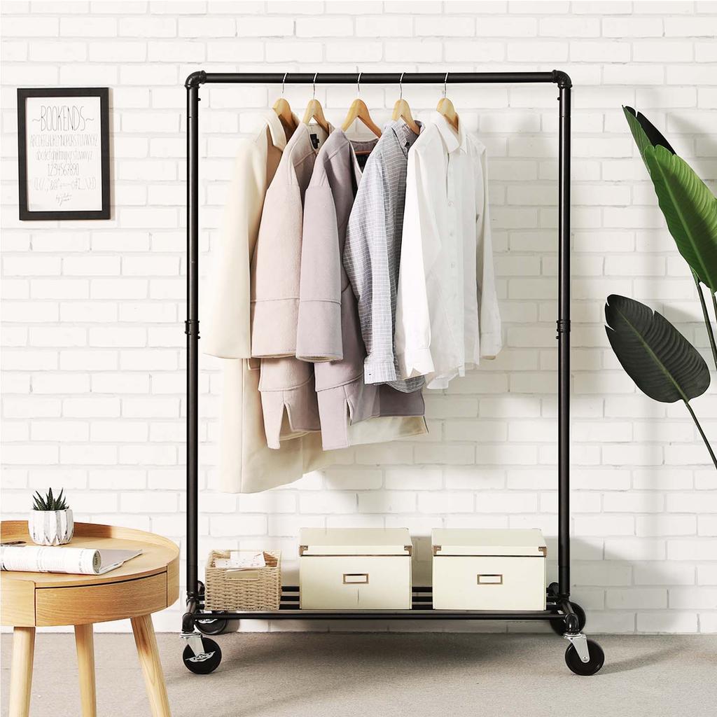 SONGMICS Heavy Duty Metal Clothes Rack on Wheels, Holds 90 kg, Industrial Design, Coat Stand with 1 Clothes Rail and Shelf, for Bedroom Laundry Room