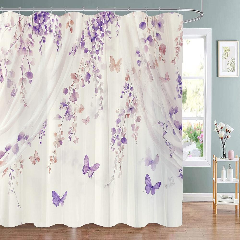 Watercolor Purple Flowers And Butterflies Printed Shower Curtain, Bathroom Curtain, Home Decoration Curtain With Hooks