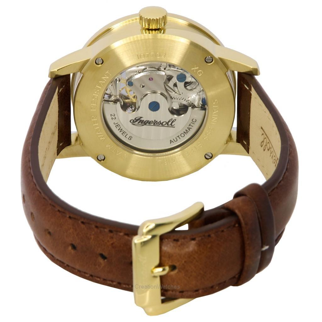 Ingersoll The Jazz Mondphase Lederarmband Skelett Gold Zifferblatt Automatik I07704 Herrenuhr