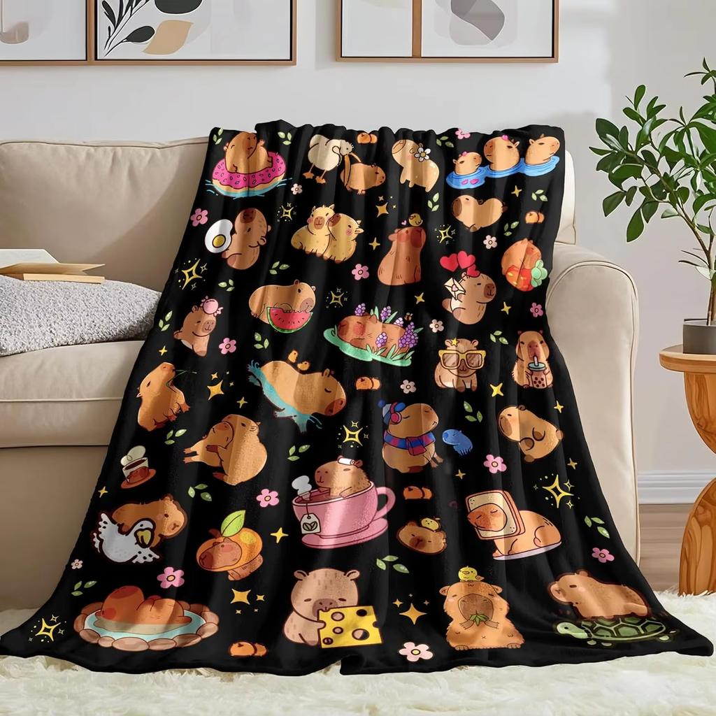 Capybara Blanket Gifts Warm Flannel Capybara Themed Throw Blanket Black Cartoon Decor Bedding For Sofa Bed