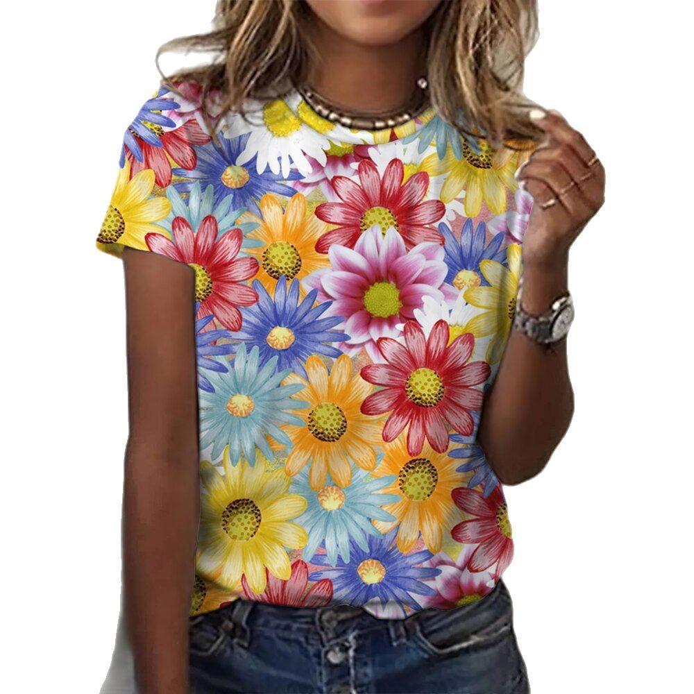 Summer Round Neck 3D Flower Pattern Printed Top Fashionable Casual Short Sleeved Women's T-shirts
