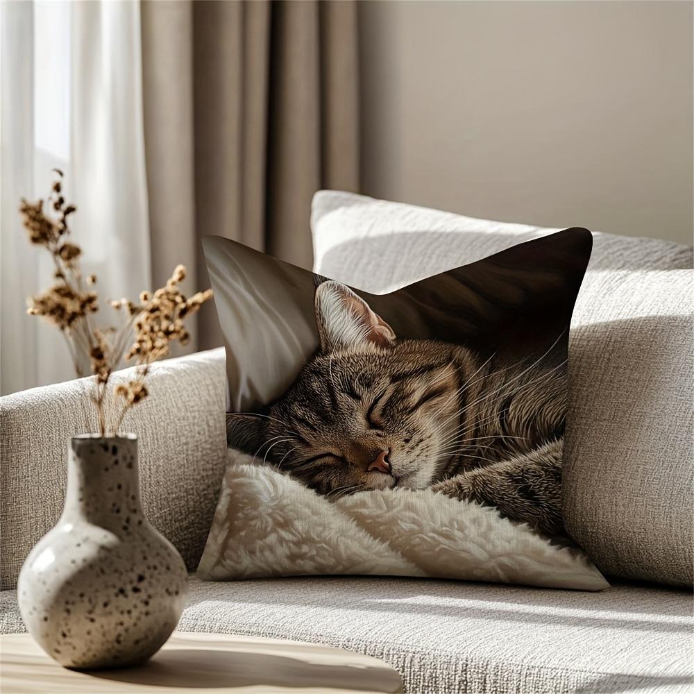 1Pc Modern Cat Face Pillow Cover Realistic Tabby Cat Design Machine Washable Suitable For Living Room Bedroom Warm Home Decor
