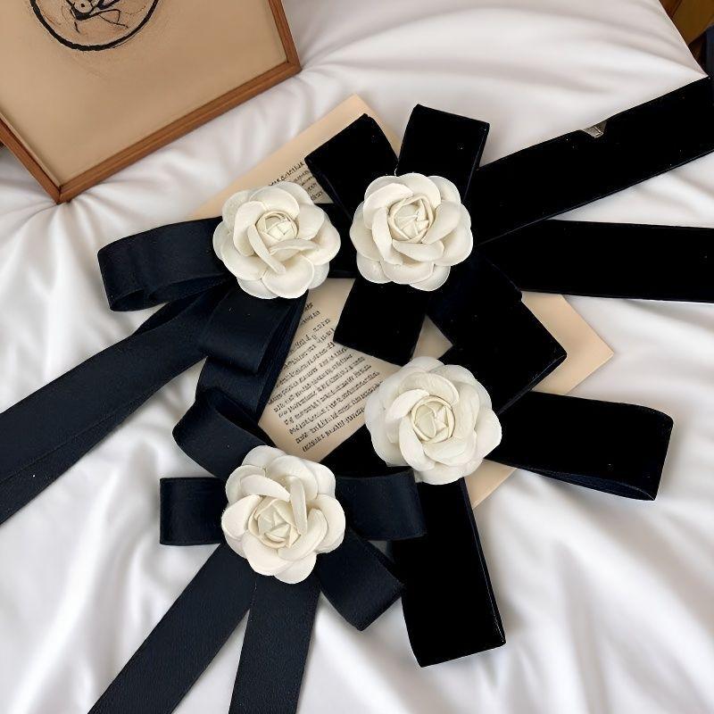 Camellia Flower Brooches Balck Bow Lapel Pins For Women Corsage Shirt Scarf Buckle Badge Accessories