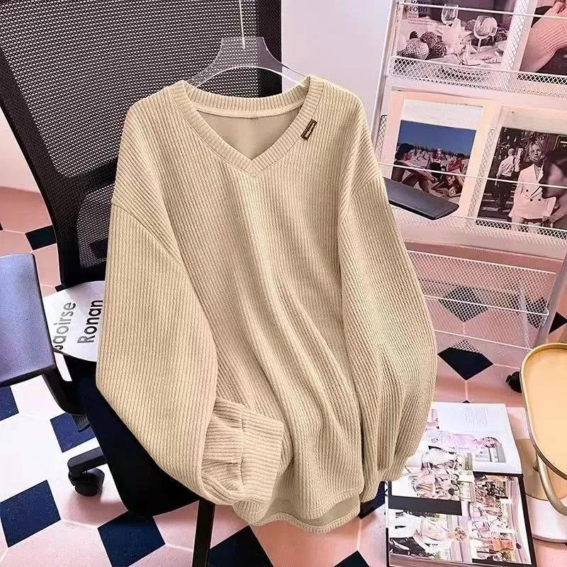 

Топы Женские Пуловеры Длинные Рукава Осень Зима Хлопковая Блузка Оверсайз Удобный Эластичный Однотонный V-образный Вырез Свободные Топы 3XL хаки