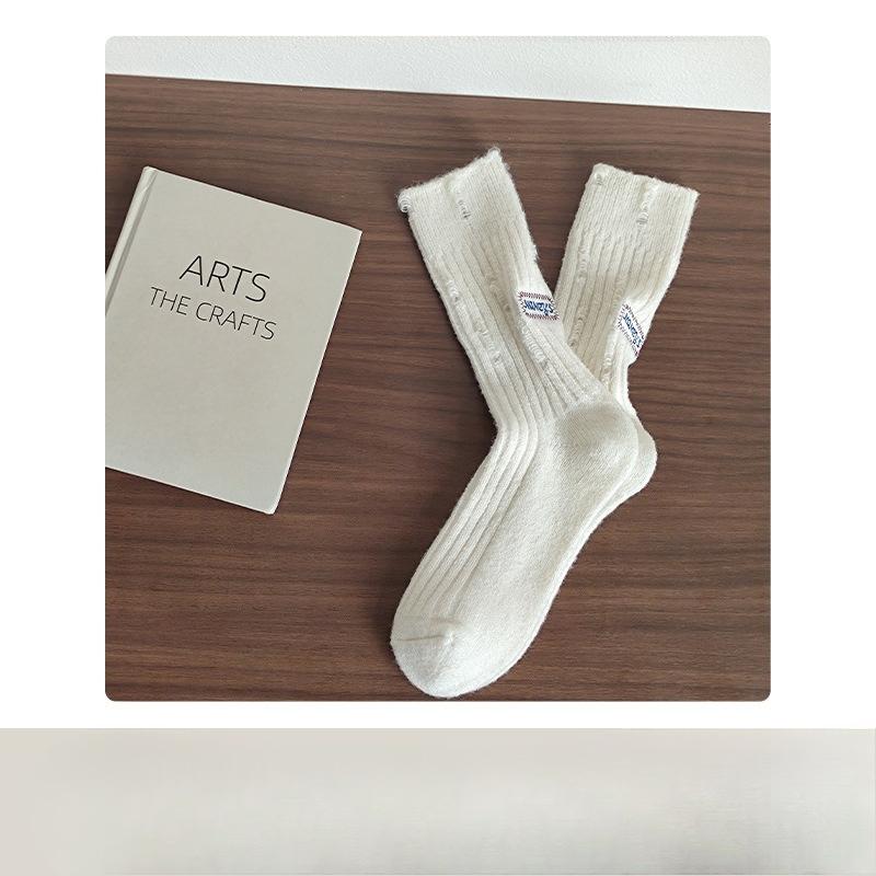 

Женские толстые вязаные носки до середины икры с флисом, толстые и теплые для осени и зимы, в стиле нищего, двухслойные 1 pair молочный белый