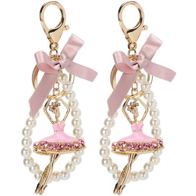 2 Pezzi Portachiavi Ciondolo Ballerina Fiocco Ricoperto di Diamanti Perla Decorazione Anello Portachiavi in Metallo per Borsa