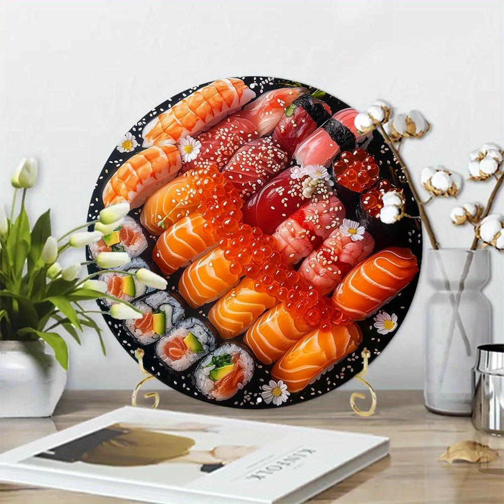 Aluminum Metal Sign Faux Resin Painting Round Decorative Sign Living Room Decoration Boys Gifts Japanese Sushi Themed Decoration