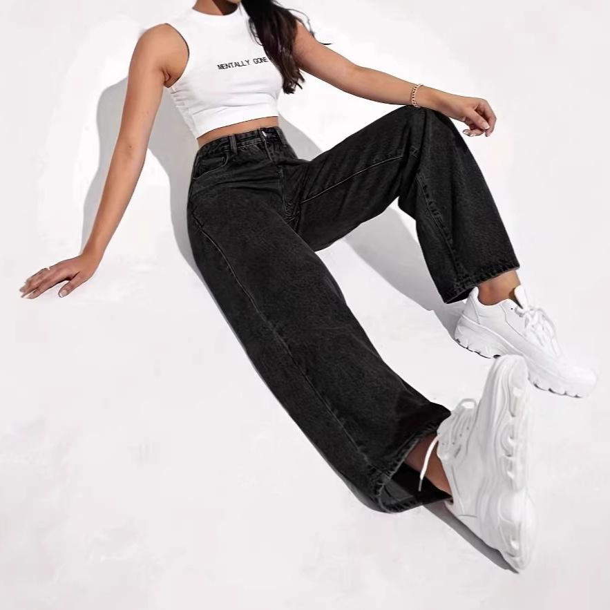Retro American Women's Straight-Leg Washed Denim Jeans