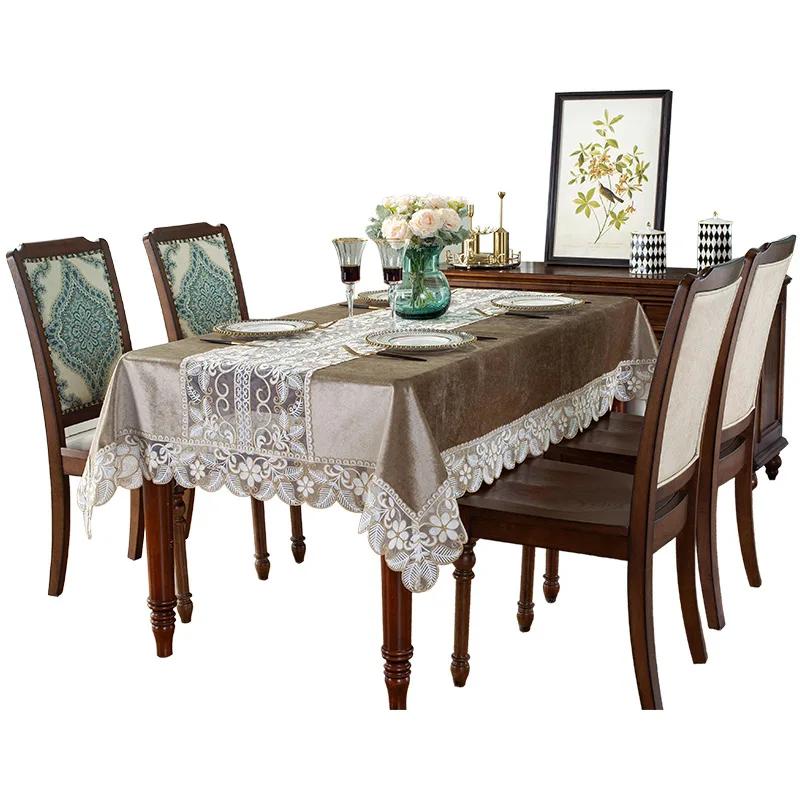Table cloth Chocolate Golden Velvet Embroidered Luxury Table Dining Table Cover TableCloth Flower Lace Tv Cabinet Dust Cover
