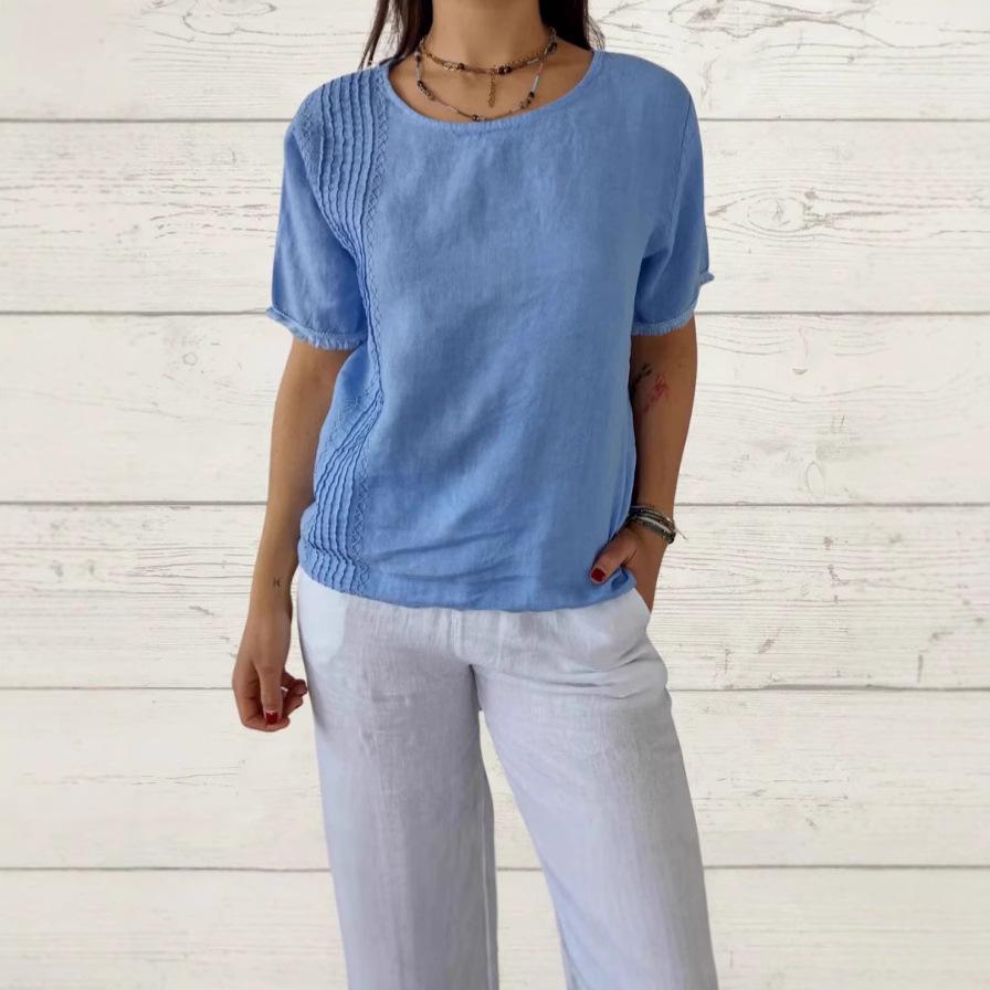 

2025 European & American Women s Summer Solid Color Pleated Loose Short Sleeve Casual Cotton Linen T-Shirt 2XL синий