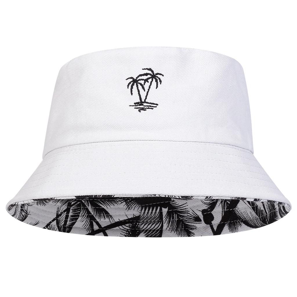 Unisex Coconut Tree Embroidery Double Sided Wearing Bucket Hats Fishermen Caps Outdoor Casual Cap Sunscreen Hat