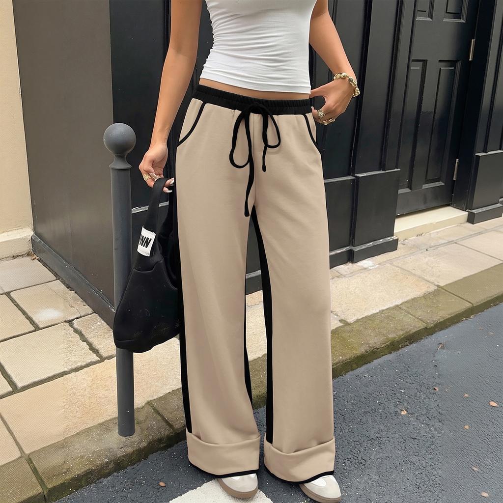 Women's Color-Block High-Waist Elastic Waist Casual Pants with Pockets for Work and Everyday Wear