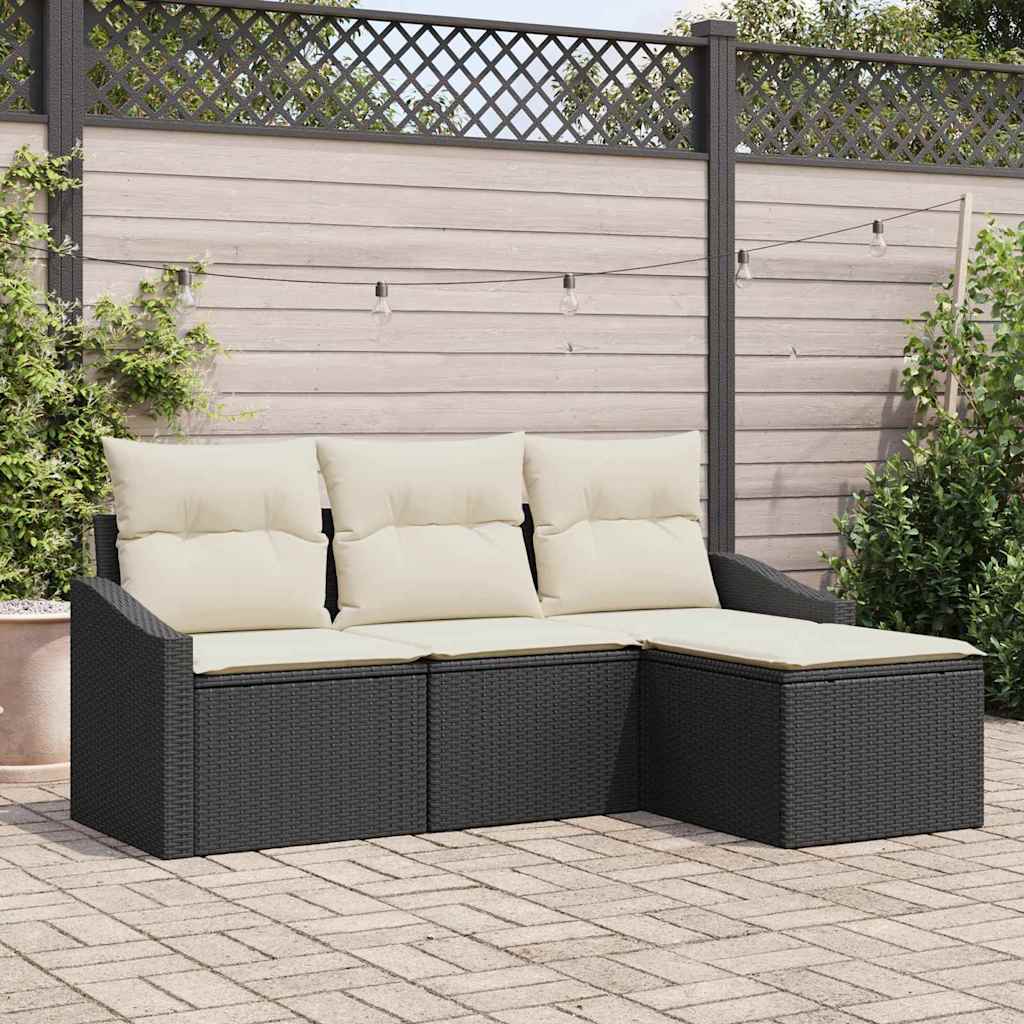 4 Piece Sofa Set with Cushions Black Poly Rattan