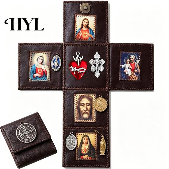 Home Altar Decor Portable Catholic Altar, Handmade Pocket Prayer Shrine, Faux Leather Spiritual Icon Foldable Devotional Religious Gift for Christian