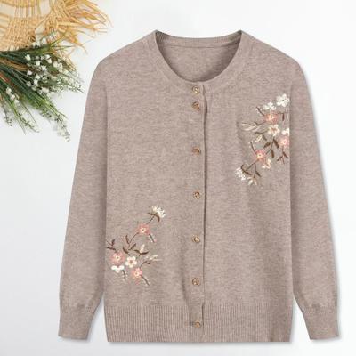 Fall Spring Mother Knit Coat Floral Embroidery Single-breasted Round Neck Loose Long Sleeves Cardigan Stretchy Knitwear Sweater Jacket