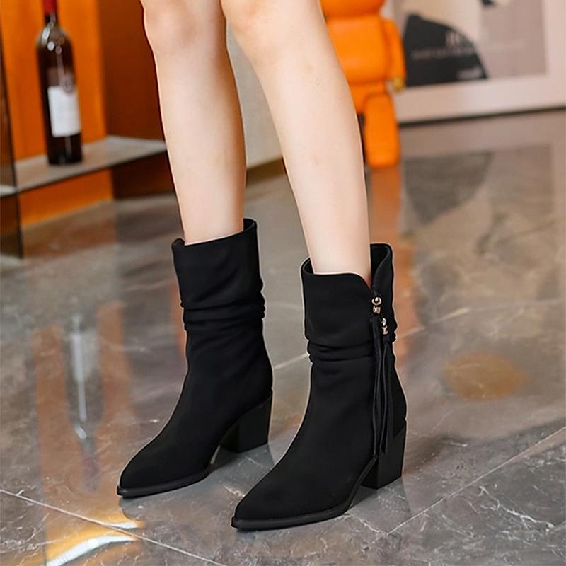 British style pointed high-heeled short boots women's 2025 autumn new thick heel fringed temperament versatile retro fashion single boots